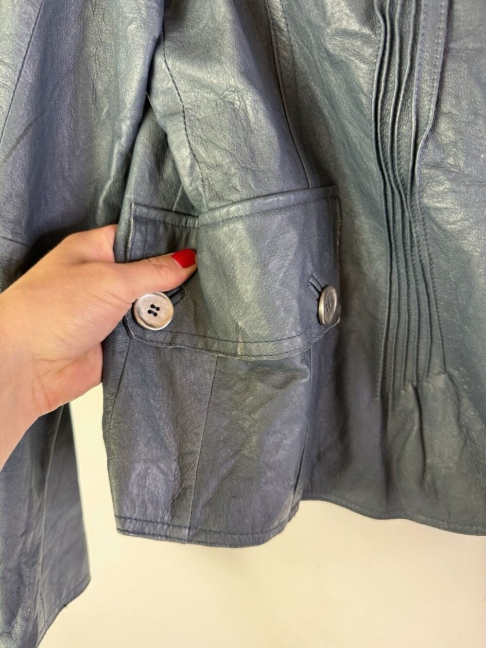 Vintage 90s Grunge Leather Pleated Single Button Blazer Jacket Blue - Picture 4 of 9